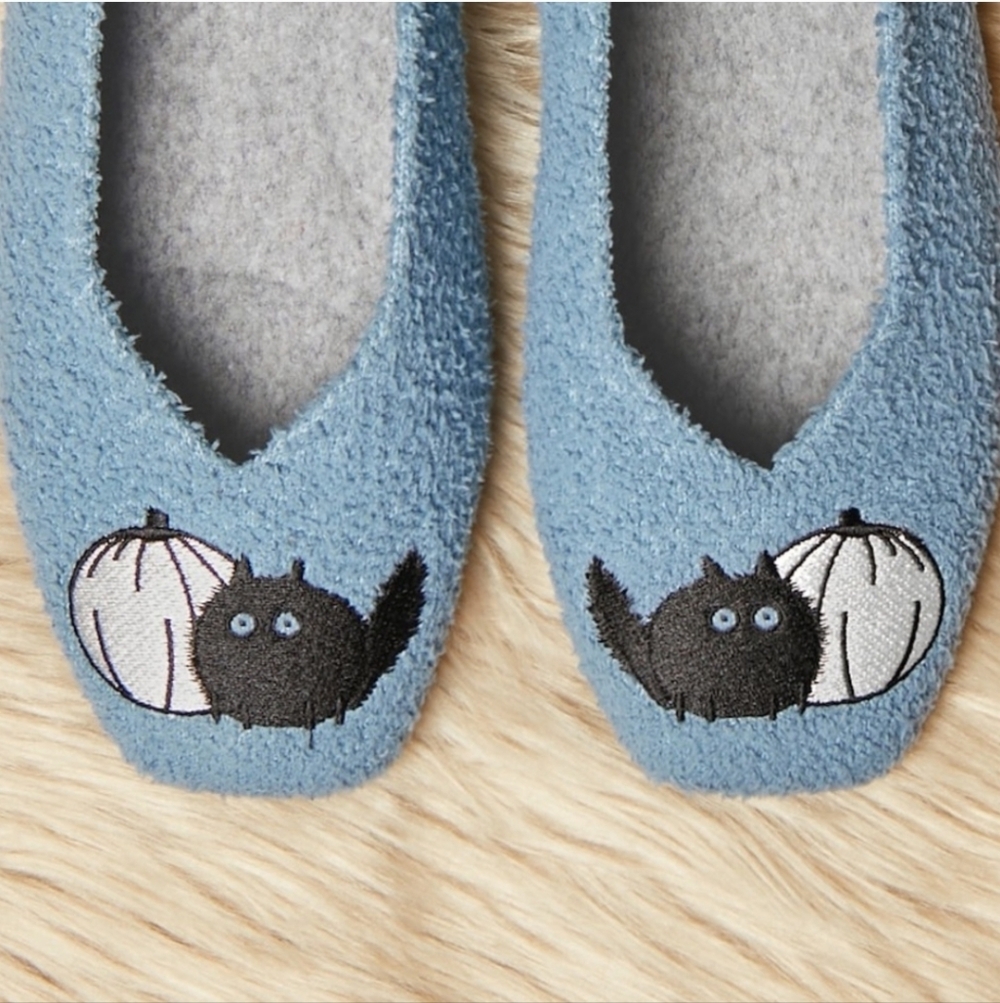 Vivaia Blue Samantha Square Toe Mink Knit Pumpkin Black Cat Flats Fall 37.5 EUC
